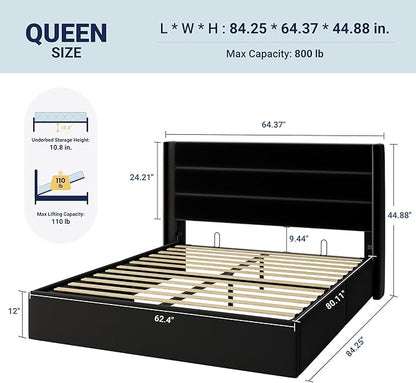 Allewie Queen Size Velvet Lift Up Storage Bed, Modern Wingback Headboard, Hydraulic Support, No Box Spring Needed, Black