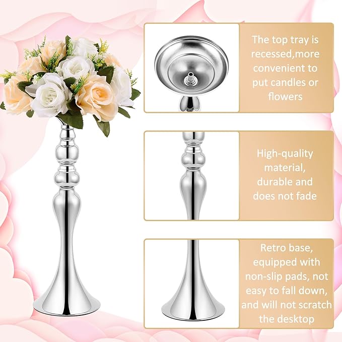 Sabary 6 Pcs Wedding Flower Stand Metal Flower Centerpieces Stand for Table Vase Arrangement Rack for Wedding Reception Dinner Table Party Decor(15 In,Silver)