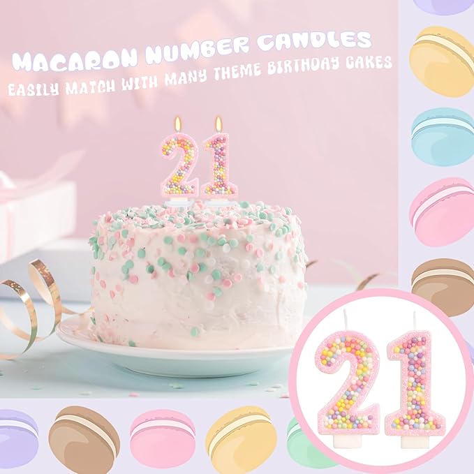 Birthday Candles - Number 21 Candle, Colorful Macaron Candles, 21 Birthday Decorations for Girls, Cake Decorations, Sweet Theme Party Supplies (Pink)