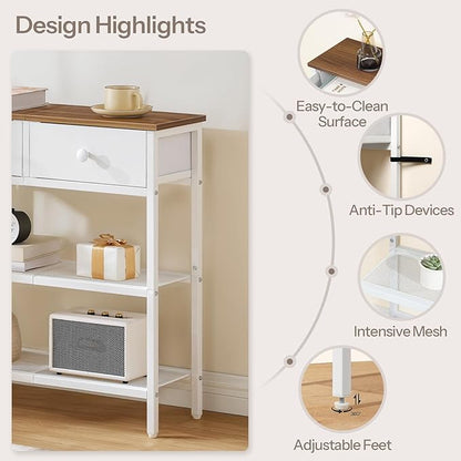 HOOBRO 29.5" Narrow Console Table with 2 Fabric Drawers, Sofa Table, Small Entryway Table with 3-Tier Storage Shelves, Behind Couch Table, for Living Room, Hallway, Walnut and White WH72XG01