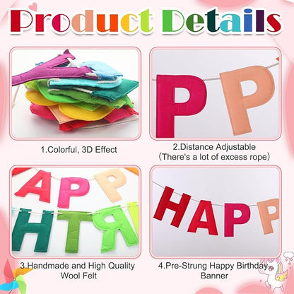 Felt Happy Birthday Garland Rainbow Banner Reusable Happy Birthday Sign Party Supply for Party Decor(Rainbow Color,Normal)
