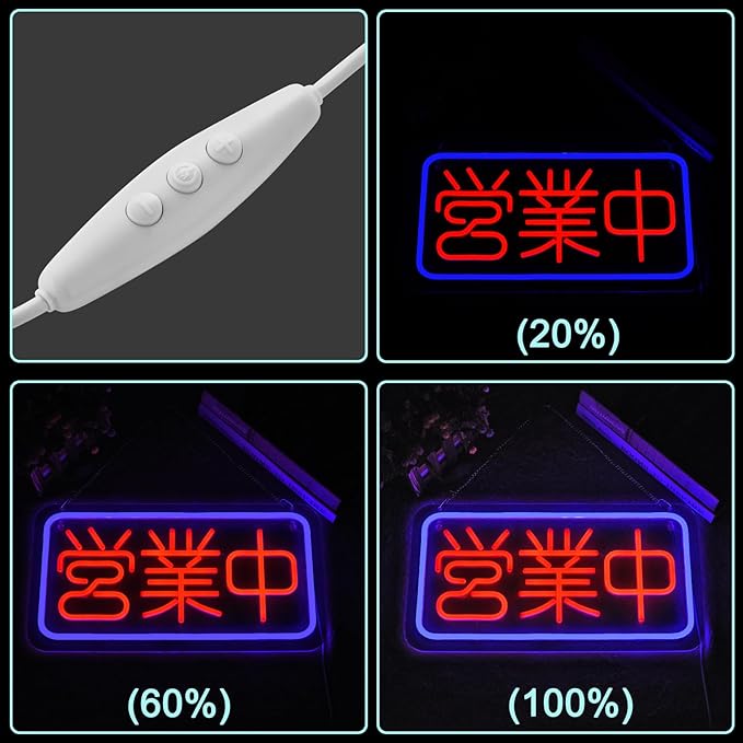 Japanese Open Neon Sign Led Neon Lights with Dimmable Switch In Business Wall Decor Japanese Style 営業中 Neon Billboard for Restaurant Shop Store Window USB Powered 16.5" x 8.7"