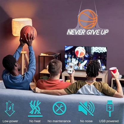 Never Give Up Basketball Neon Signs for Wall Decor,Dimmable LED Neon Light for Room Decor,Boys,Men,17x10.2 inch,5V USB Powered, Sports Neon Signs for Bedroom Classroom ManCave Bar