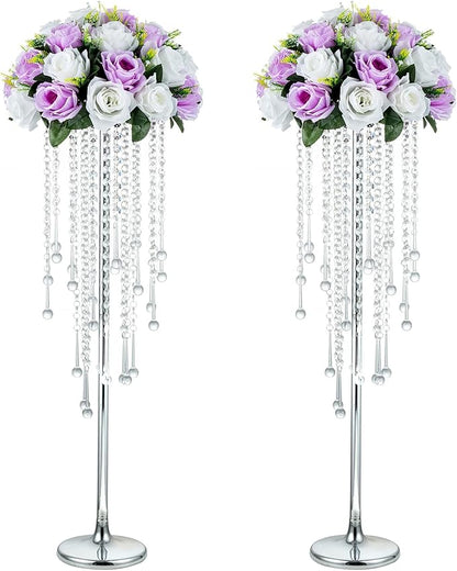 NUPTIO Silver Vase Wedding Centerpieces: 2 Pcs 29.5in Tall Crystal Flower Stand for Tables Elegant Metal Flowers Arrangement Vases for Weddings Birthday Party Anniversary Reception Home Decorations