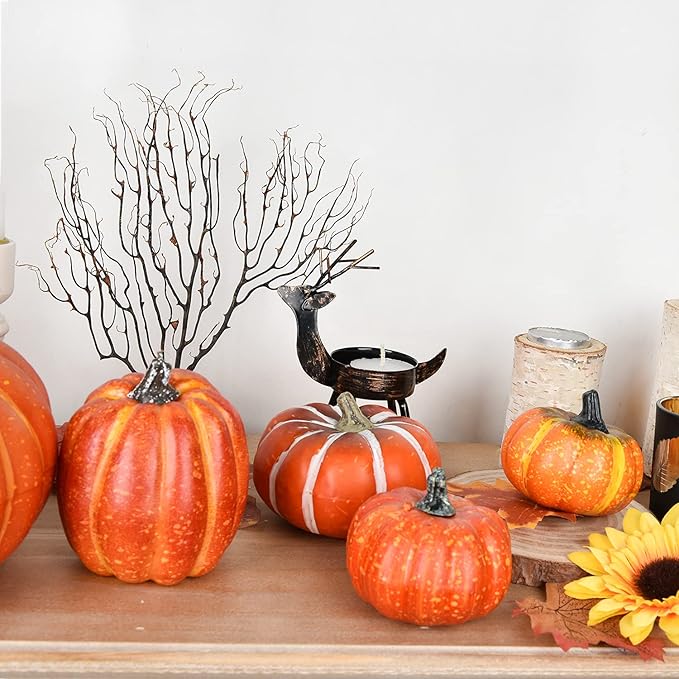 DearHouse 8Pcs Thanksgiving Artificial Pumpkins Home Decoration Sets and 50PCS Maple Leaves, Artificial Vegetables Pumpkins for Fall Harvest Decoration