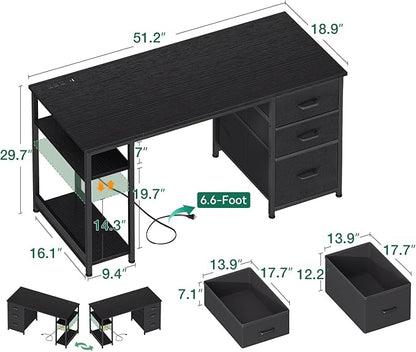 AODK 51 Inch Computer Desk with Fabric Drawers & USB Power Outlets, Reversible Home Office Desk with Storage Shelves, Work from Home, Modern Work/Writing/Study Table for Bedroom, Black