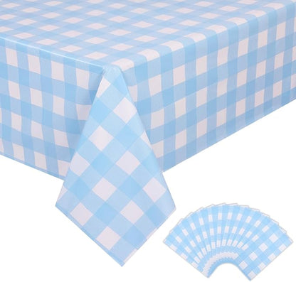 Kesfey 12 Packs Light Blue Gingham Tablecloth Pale Blue and White Checkered Tablecloths 54 x 108 Inch Disposable Plastic Gingham Tablecovers Waterproof Rectangle Picnic Table Cover for Birthday Party