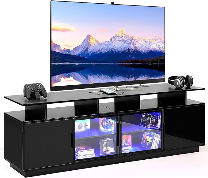 70 Inch Black TV Stand with LED Lights, Power Strips, and USB Charging Station for Mobile Phones, Transparent Glass Door Storage Cabinet, Entertainment Center with Large Storage Space