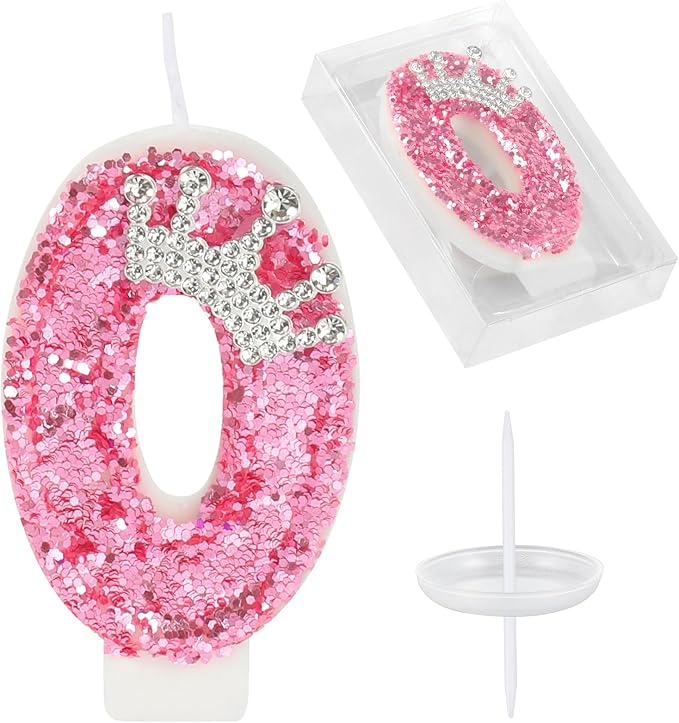 Birthday Number Candles,Pink Crown Birthday Candles for Cake,Glitter Number 0 Candle Cake Topper with Sequins for Girls,Women, Anniversary Celebrations Supplies (Pink 0)