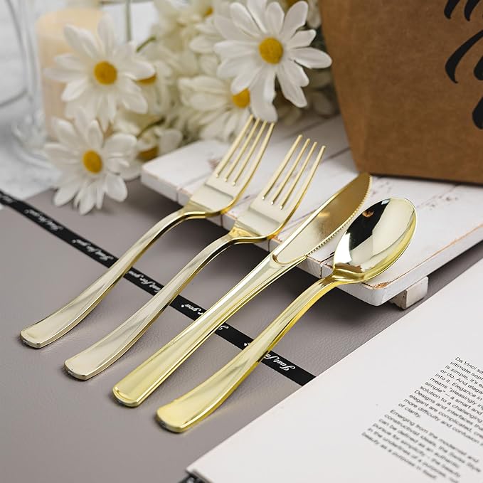 160pcs Gold Plastic Silverware Set, include 80 Forks, 40 Knives and 40 Spoons, Disposable Heavy Duty Plastic Cutlery Set for Party, Wedding, Birthday, Catering, Dinner