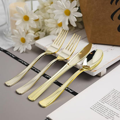 160pcs Gold Plastic Silverware Set, include 80 Forks, 40 Knives and 40 Spoons, Disposable Heavy Duty Plastic Cutlery Set for Party, Wedding, Birthday, Catering, Dinner