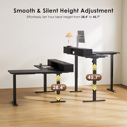 Casaottima 59 Inch Electric L-Shaped Standing Desk with Drawers, Height Adjustable Stand Up Corner Desk with Monitor Stand, Lift Table for Home, Office, Workstation, Black