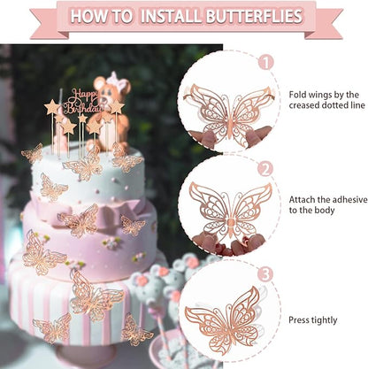 285 Pcs Rose Gold Party Decorations, Birthday Decorations For Women Or Girl - Knives, Forks and Spoons, Tiara, Butterfly, Sash, Paper Pom Poms, Balloon Stand, Tableware For 25 Guests