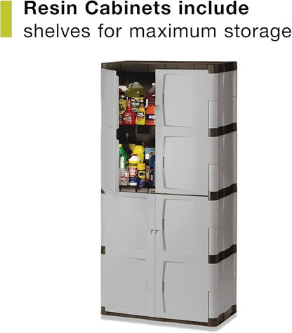 Rubbermaid Freestanding Storage Cabinet Five Shelf with Double Doors Lockable Large 690-Pound Capacity Gray For Garage/Outdoor Garden Tools/Toys/Power Tools/Pool Accessories Grey