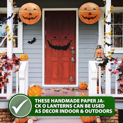 Mudra Crafts Hanging Pumpkin Lanterns Outdoor Indoor Jack-o’-Lantern Halloween Decorations, 12-Inch Orange Spooky Paper Lantern Lamps for Halloween Party Decor, Set of 10