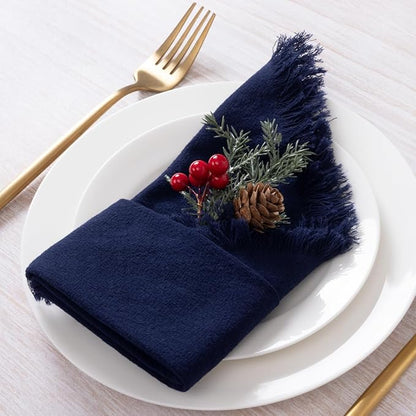 12 Pack Navy Blue Cotton Linen Napkins with Fringe Christmas Cloth Napkins Set of 12 Boho Handmade Holiday Napkins Bulk for Wedding Baby Shower Xmas Dinner Table Parties, 17 x 17 Inches