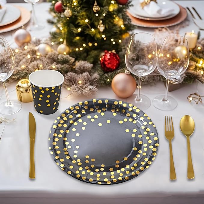 175pcs Disposable Black and Gold Paper Plates and Napkins, Golden Dot Paper Plates Napkins Dinnerware Set Serves 25 Guests for Birthday,baby shower,Party