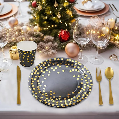 175pcs Disposable Black and Gold Paper Plates and Napkins, Golden Dot Paper Plates Napkins Dinnerware Set Serves 25 Guests for Birthday,baby shower,Party
