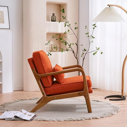 Karl home Accent Chair Mid-Century Modern Chair with Pillow Linen Fabric Upholstered Lounge Arm Chair with Solid Wood Frame & Soft Cushion for Living Room, Bedroom, Balcony, Burnt Orange