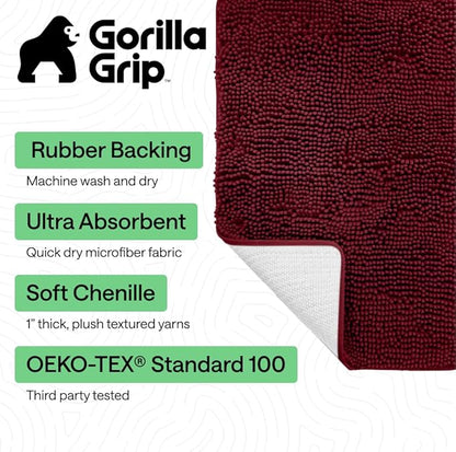 GORILLA GRIP Bath Rug Mat 36x24, Soft Absorbent Chenille, Quick Dry Microfiber Mats, Rubber Backing Washable Shower Floor Rugs, Bathmat Runner, US Designed Bathroom Home Decor Accessories Burgundy
