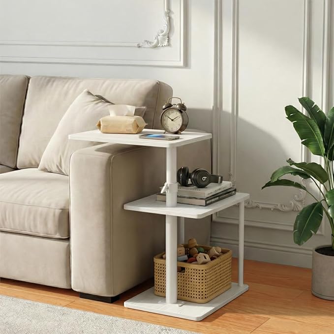 360° Swivel Side Table for Height Adjustable, C Shaped End Table for Couch with Storage, 3-Tier Night Stand with Open Shelf, Tv Tray for Small Spaces, Living Room, Bedroom, White