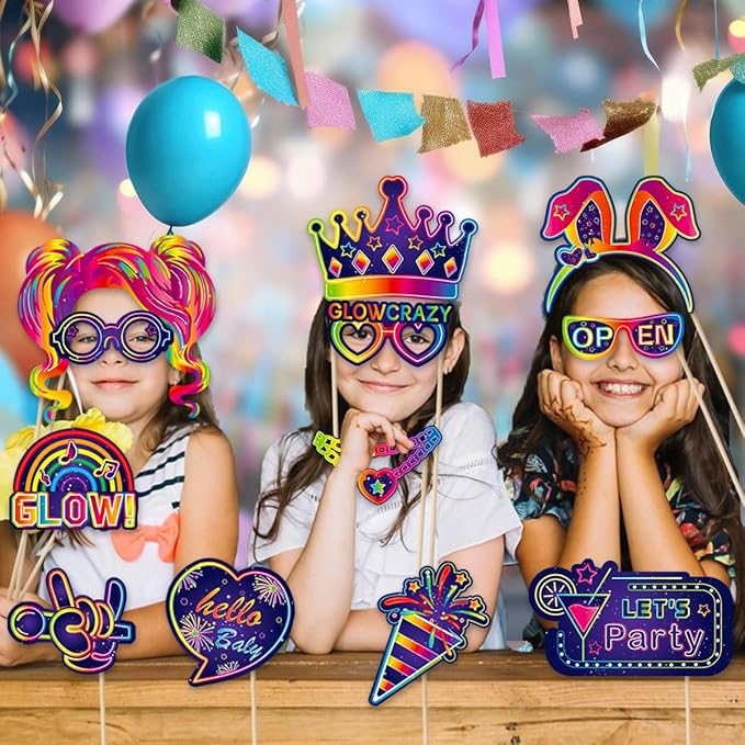 25pcs Glow Neon Photo Booth Props with Sticks | Let's Glow Themed Party Supplies for Birthday, Disco, Black Light & Neon Glow Parties | 25 Designs (Hats, Glasses, Balloons & More)