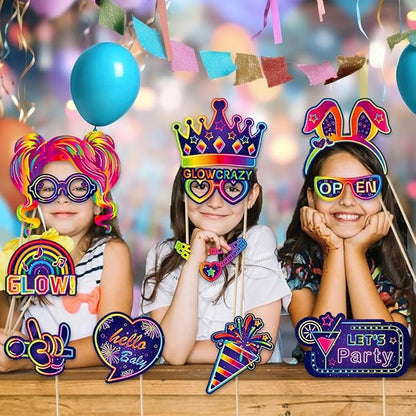 25pcs Glow Neon Photo Booth Props with Sticks | Let's Glow Themed Party Supplies for Birthday, Disco, Black Light & Neon Glow Parties | 25 Designs (Hats, Glasses, Balloons & More)