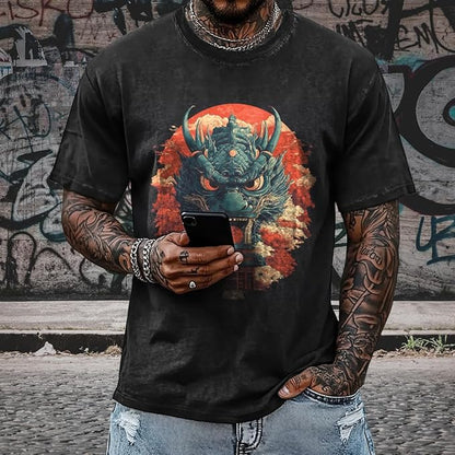 Mens Dragon Grpahic T-Shirts Short Sleeve 100% Cotton Crewneck Big and Tall Outdoor Summer Quick Dry Undershirts