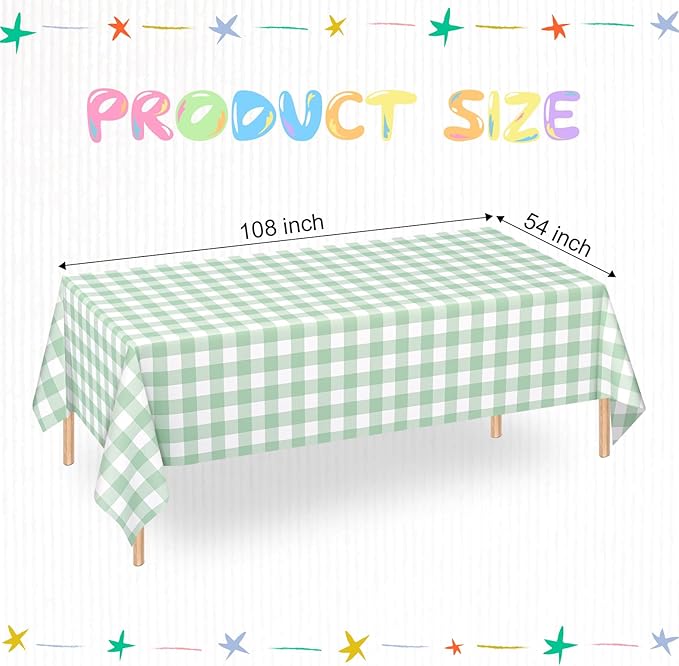 WNINK 4 Pack Sage Green Checkered Rectangular Plastic Tablecloths, Green Gingham Waterproof Disposable Table Covers 54" x 108" for Birthday, Baby Shower, Wedding, Outdoor Picnic Parties