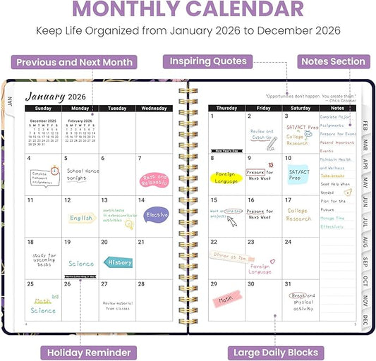 2026 Planner, Weekly and Monthly Planner for Women, Jan 2026 - Dec 2026 Pretty 2026 Calendar Planner with Monthly Tabs, Inner Pocket, Spiral Binding, Perfect for Office Home School - 6.3" x 8.5", Violet