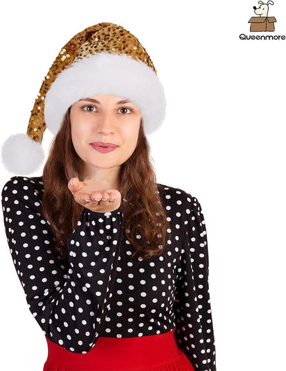 Queenmore Adult's Christmas Santa Claus Hat, Plush Santa Cap, Velvet Headwear, Lined and Fabric-Shedding Resistant