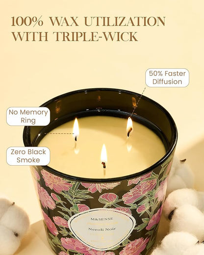 M&SENSE Neroli Noir Scented Candle, 28.2oz 3 Wick Natural Soy Wax Large Candles, Long Lasting Clean Slow Burning No Toxic Décor for Home Relaxation, Romantic Dates & Gift-Giving