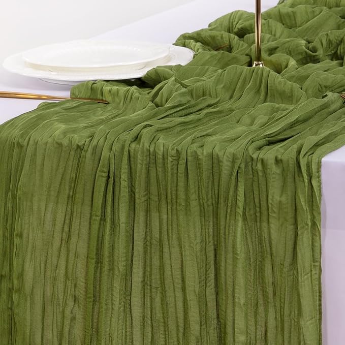 Socomi 6pcs Olive Green Fall Thanksgiving Cheesecloth Table Runner Boho Rustic Gauze 120 inch 10FT Cheese Cloth Runner for Wedding Party Baby Shower Birthday Home Decor Holiday Decorations