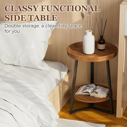 Gadroad Round End Table with Storage Shelf, 2 Tier Farmhouse Side Table Nightstand for Living Room, Bedroom, Wood Tabletop & Black Metal Frame, Brown 15.7 * 15.7 * 23.0inches