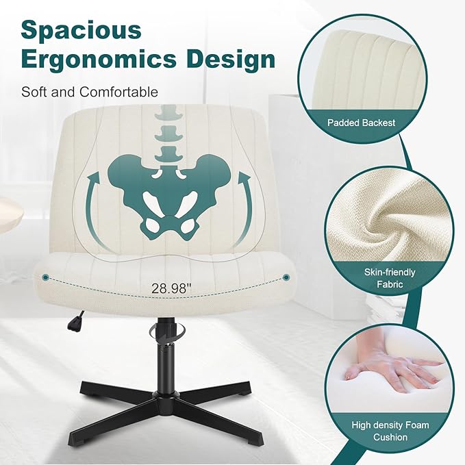 OLIXIS Criss Cross Legged Chairs Armless No Wheels Wide Seat Height Adjustable Swivel Padded Fabric Home Office Desk Chair for Bedroom, Student, Study Room,Beige