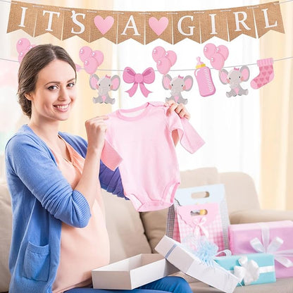 2 Pcs Baby Girl Shower Decorations Pre-Strung It's A Girl Burlap Banner and Elephant Baby Banner for Gender Reveal Birthday Shower Party Decorations