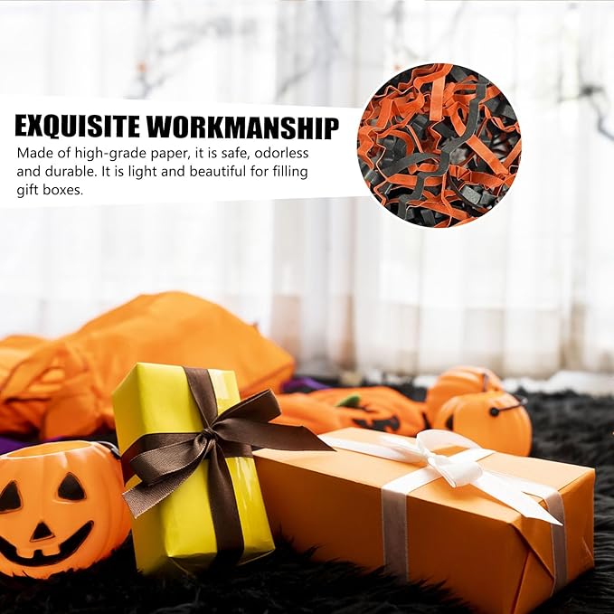 ZEBMOON 1 LB Black Orange Crinkle Cut Paper Shred Filler Great for Gift Wrapping, Halloween Basket Filling, Birthday, Wedding, Thanksgiving, Christmas Day, New Year Party Decorations Filling Supplies