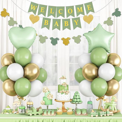 Sage Green Baby Shower Decorations Olive Green Gold White Oh Welcome Baby Balloon Set with Star Heart Foil Balloons Shower Bunting Banner Bodysuit Garland Neutral Gender Reveal Party for Boys Girls