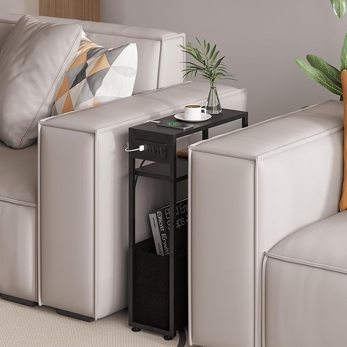 Black Side Table with Charging Station, Slim End Tables with Fabric Basket, Skinny Table for Small Spaces, Thin Bedside Table for Living Room, Bedroom