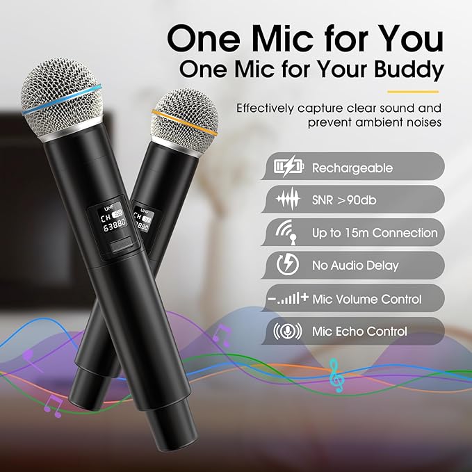 Karaoke Machine, Retro-Design Speaker with 2 Wireless Microphones for Adults & Kids, Portable Karaoke System for Home Party, Bluetooth/AUX/USB/TF/TWS Support, Gifts for Women & Girls