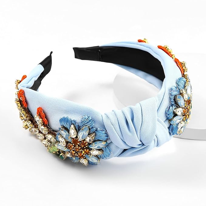 Yusier Baroque Rhinestone Crystal Headbands for Women Embroidered Hair Band Exquisite Hairband - Available in 5 Colors (Blue)