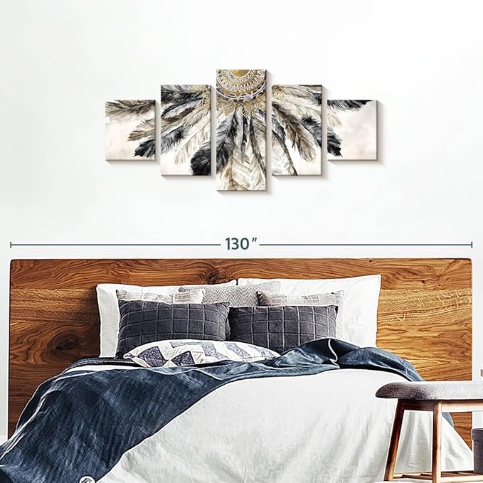 ElephantStock - Necklace Of Feathers Iii Wall Art - Horizontal Multi Panel Canvas - 5 Piece Living Room Wall Decor - Painting Multi Piece Wall Art - Brown And Gray Decor by Eva Watts - 74" x 34"