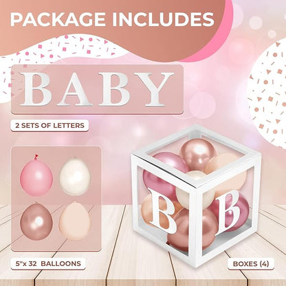 Baby Shower Boxes with Letters – White Boxes with Rose Gold, Dusty Pink, Sand & White Balloons – 44-Piece Gender Reveal & Party Decoration Set by Vellax