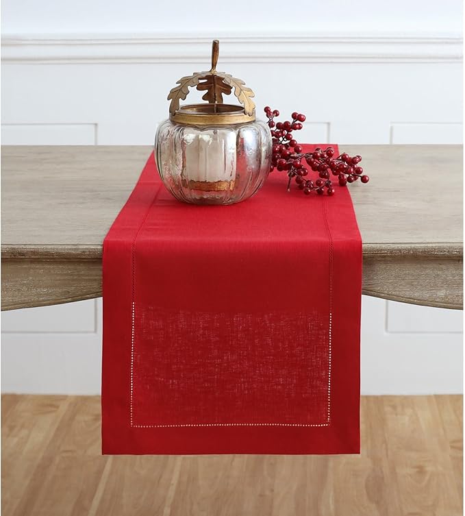 Solino Home Linen Red Table Runner 72 Inches Long - 100% Pure Linen Hemstitch Table Runner 14 x 72 Inch for Dresser, Dining, Christmas, Holiday, Winter, New Year - Classic Hemstitch