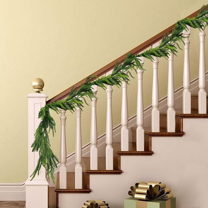 12ft Christmas Garland Table Garland Real Touch Norfolk Pine Garland, Artificial Faux Greenery Garlands for Wedding Mantle Indoor Home Decor Xmas Holiday Seasonal