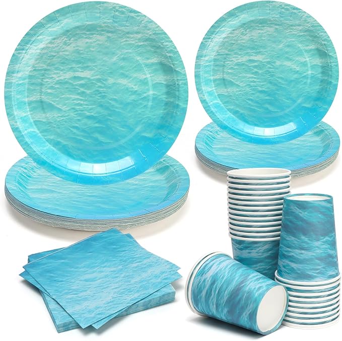 96pcs Paper Plates and Napkins Under the Sea Paper Plates Disposable and Cups Ocean Waves Tableware Set for 24 Guests Baby Shower Wedding Birthday Party Supplies Decorations