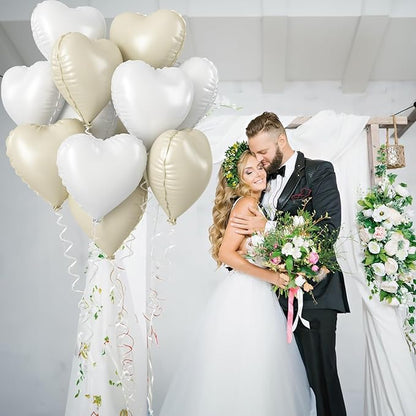 Cream Heart Foil Balloon, 18 Inch Sand White Heart Shape Foil Balloon, Beige Heart Balloons with Grey White Helium Balloons for Valentines Day Boho Birthday Bridal Shower Wedding Baby Shower