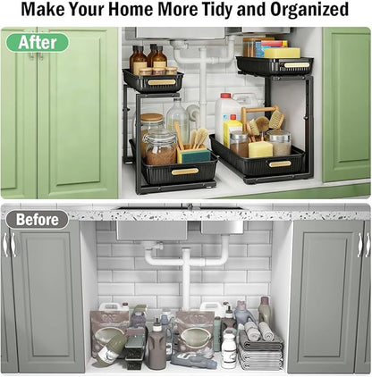 Under Sink Organizer - 2 Packs Multi-Purpose Pull-Out Storage Organizers, Slide out Pull out Cabinet Organizer Shelf, Storage for Kitchen Bathroom, Black