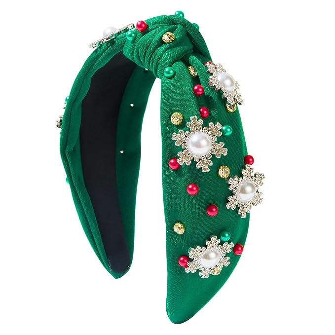 pVq Christmas Headband for Women Knotted Headband with Christmas Tree Crystal Pearl Snowflake Ribbon Xmas Holiday Hairband (Snowflakes - Green, One Size)