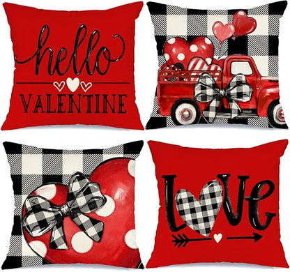 Buffalo Plaid Pillow Covers 18x18 Set of 4 Polka Dot Red Heart with Bow Love Truck Valentine Pillows Decorative Throw Pillows Valentines Day Decorations G169-18